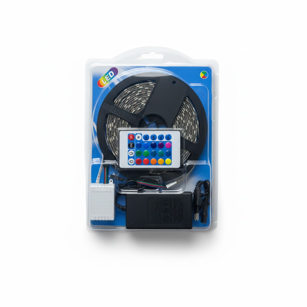 Packaged LED strip kit with a remote, controller and adapter