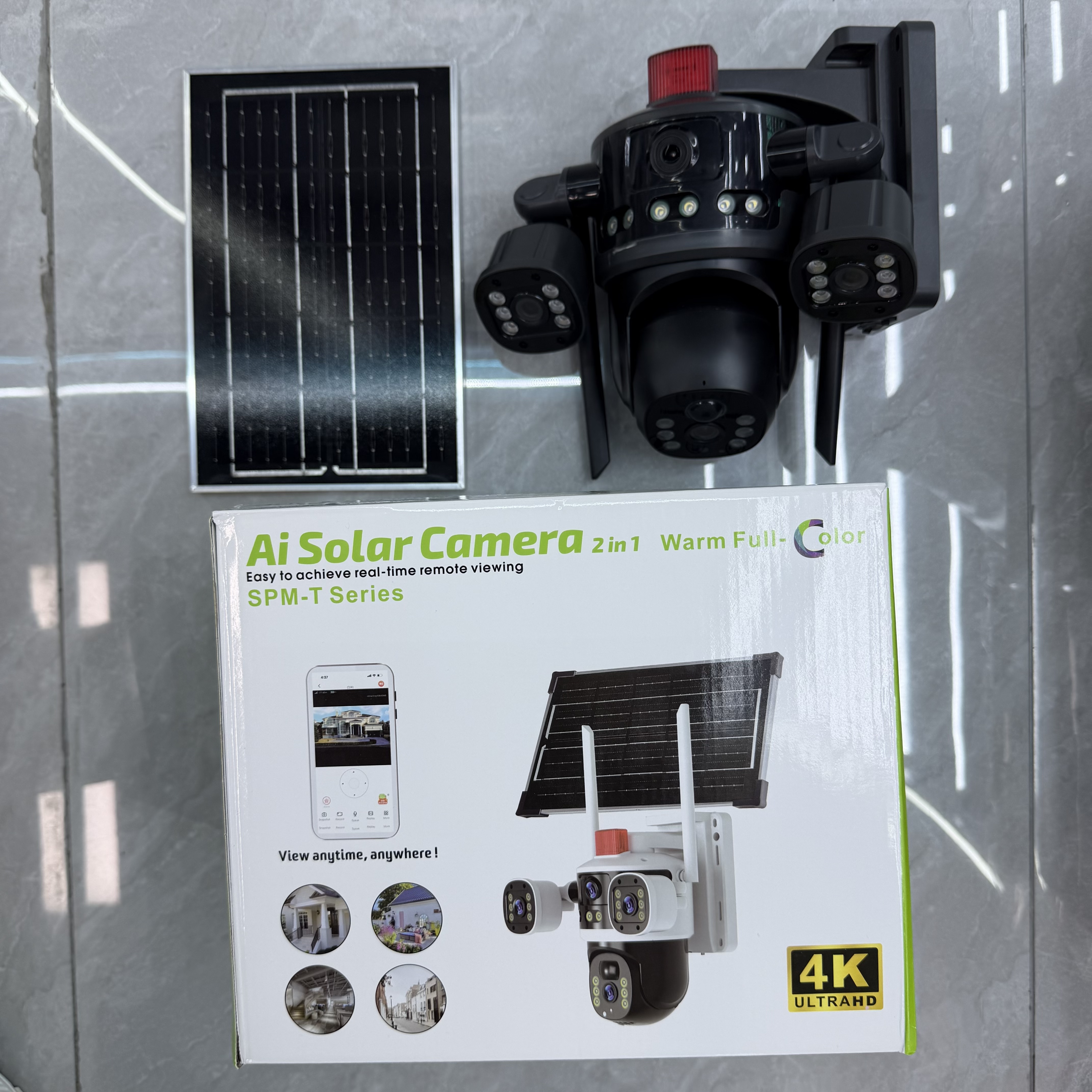 Solar camera with side modules and beacon