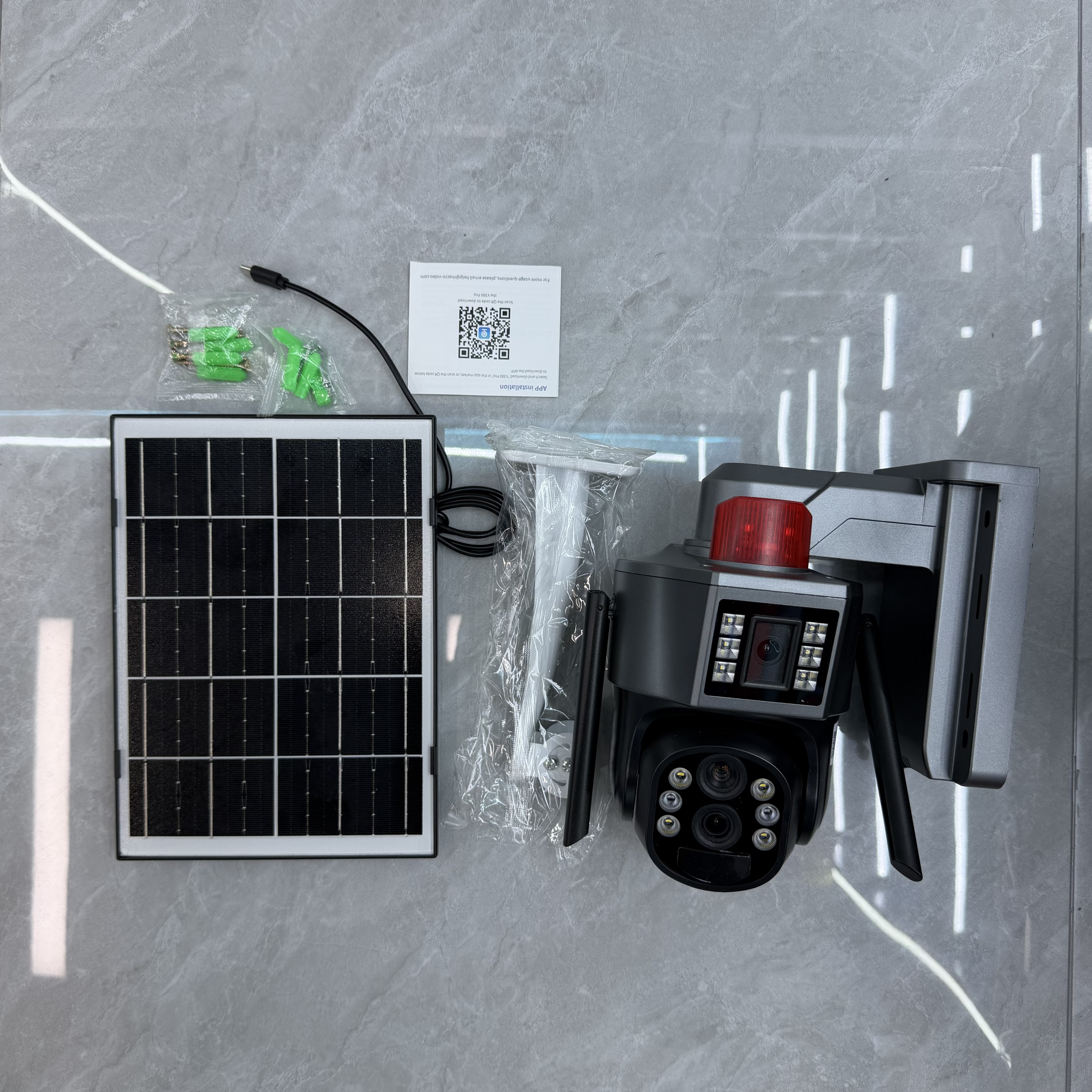 Solar camera with beacon and installation kit