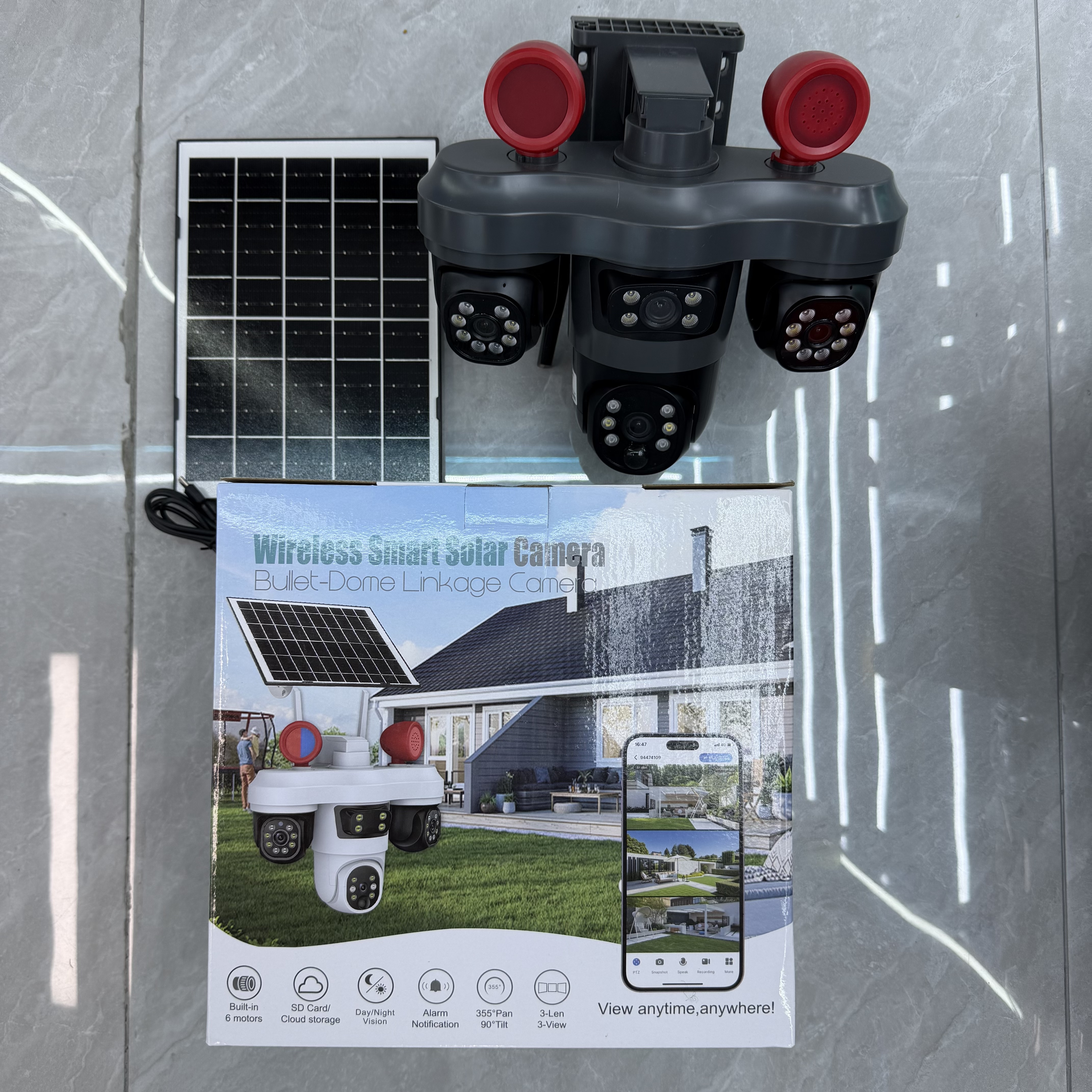 Solar camera with red round horn housings and box