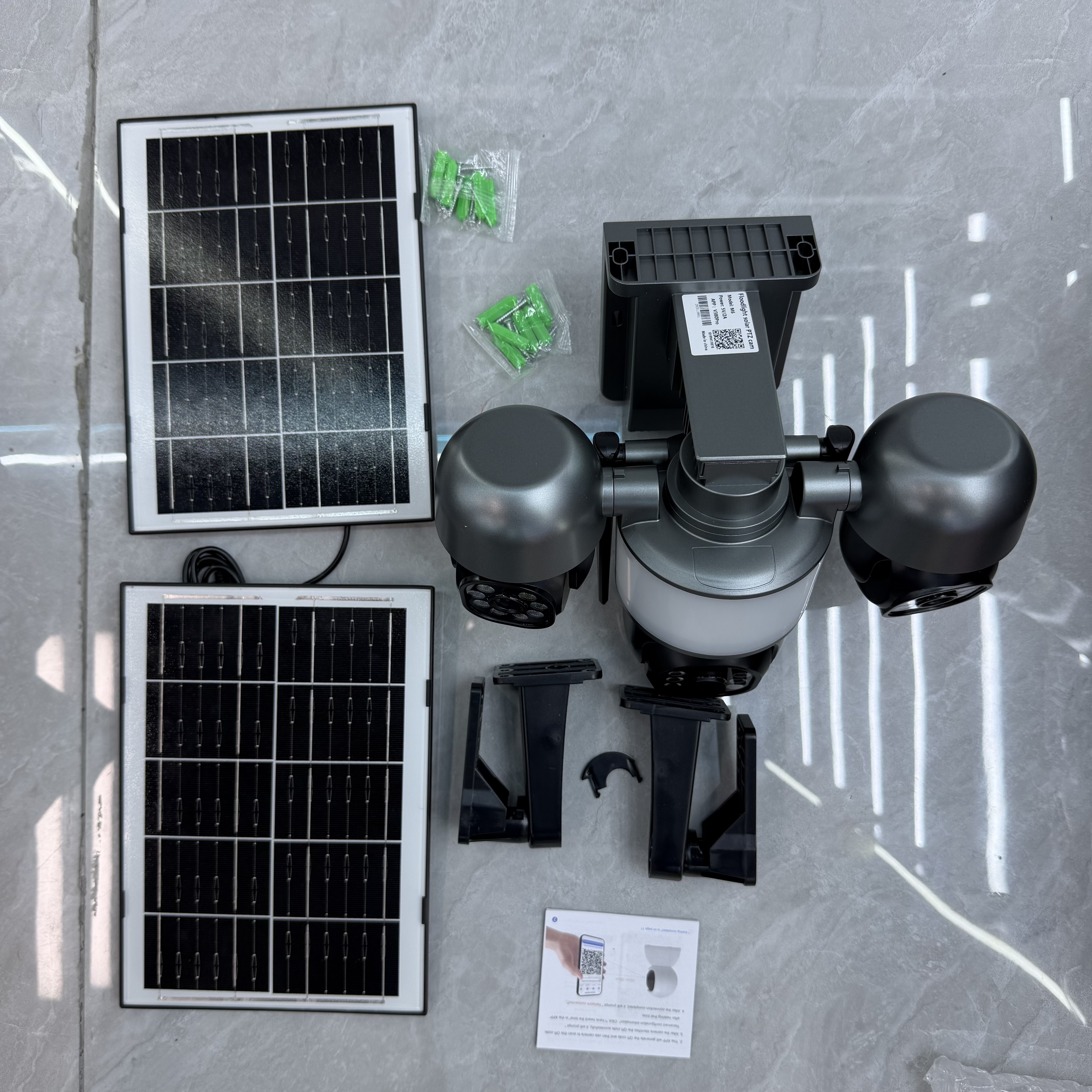 Twin-panel solar camera rear view and mounts